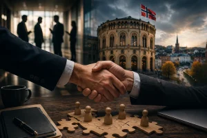 Håndtrykk foran Stortinget som illustrerer relasjoner, makt og offentlige beslutninger i Norge.