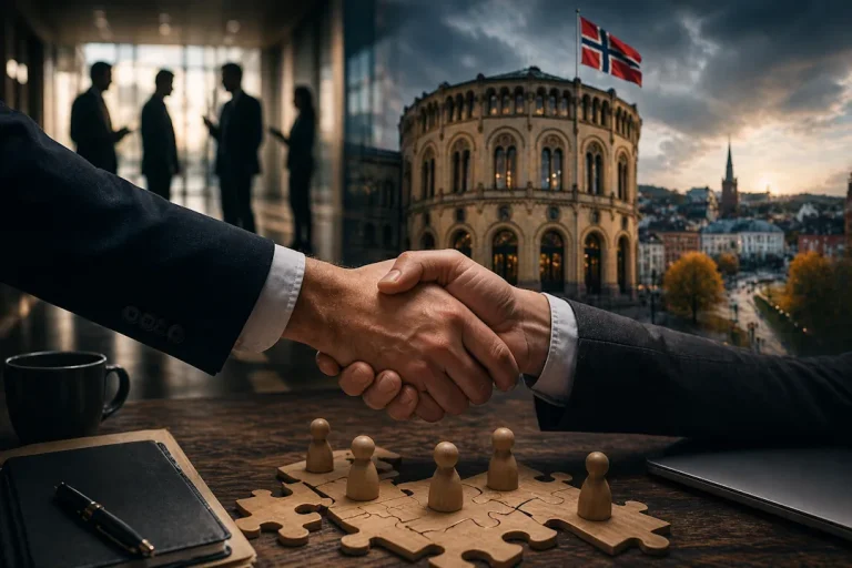 Håndtrykk foran Stortinget som illustrerer relasjoner, makt og offentlige beslutninger i Norge.