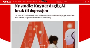 Skjermbilde fra VG med overskriften «Ny studie: Knytter daglig AI-bruk til depresjon». Ingressen viser til en studie med over 20.000 deltakere og økt risiko i én aldersgruppe. Under teksten vises en illustrasjon av bokstavene «AI» i rødt med et robotansikt og en person som går forbi i forgrunnen.