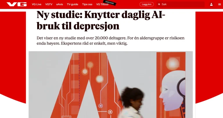 Skjermbilde fra VG med overskriften «Ny studie: Knytter daglig AI-bruk til depresjon». Ingressen viser til en studie med over 20.000 deltakere og økt risiko i én aldersgruppe. Under teksten vises en illustrasjon av bokstavene «AI» i rødt med et robotansikt og en person som går forbi i forgrunnen.