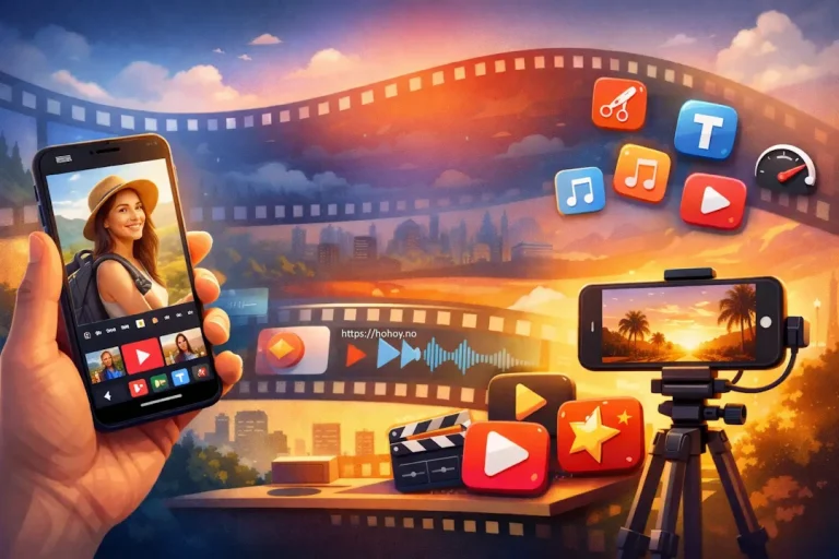 Illustrasjon av mobiltelefoner som brukes til å filme og redigere video, med ikoner for musikk, klipping og avspilling rundt.