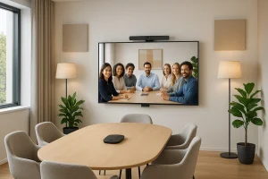 Moderne videomøterom med pæreformet møtebord, grå stoler, akustikkplater på veggene, planter og jevn belysning. En stor skjerm på veggen viser en gruppe mennesker i et videomøte, med kamera plassert over skjermen.