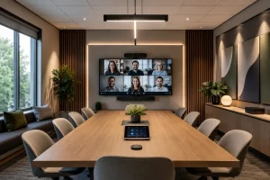 Moderne og profesjonelt videomøterom med stor skjerm for videokonferanse, god akustikk, varm belysning, akustiske veggpaneler, grønne planter og et stilrent møtebord designet for effektive hybride møter.