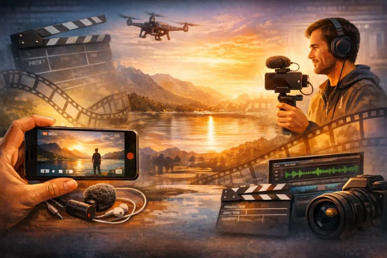 Illustrasjon av en person som filmer med mobilkamera og mikrofon ved en innsjø i solnedgang, omgitt av videoutstyr som kamera, klappebrett, mikrofon og redigeringsskjerm, som symboliserer praktisk videoproduksjon.