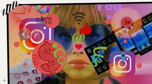 Et digitalt kunstbilde av et kvinneansikt med blåtonede solbriller, omgitt av en kakofoni av sosiale medier-ikoner, symboler og grafiske elementer. Instagram-logoen, et stort dollartegn, "LIKE"-tekst, et rødt hjerte, en "@"-symbol og Wi-Fi-ikon er fremtredende. Bildet har en fargerik, overbelastet estetikk som visualiserer den digitale tidsalderens informasjons- og mediestrøm.