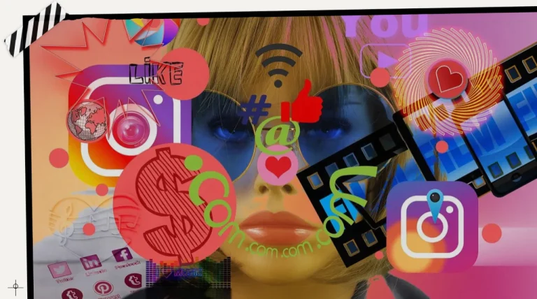 Et digitalt kunstbilde av et kvinneansikt med blåtonede solbriller, omgitt av en kakofoni av sosiale medier-ikoner, symboler og grafiske elementer. Instagram-logoen, et stort dollartegn, "LIKE"-tekst, et rødt hjerte, en "@"-symbol og Wi-Fi-ikon er fremtredende. Bildet har en fargerik, overbelastet estetikk som visualiserer den digitale tidsalderens informasjons- og mediestrøm.