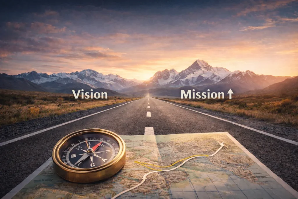 Landskapsbilde av en rett vei som strekker seg mot fjell i solnedgang, med et kart og kompass i forgrunnen. Ordene “Vision” og “Mission” vises over veien og symboliserer retning, strategi og mål.