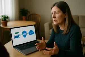 Kvinne ved kjøkkenbord forklarer hvordan VPN fungerer, med laptop som viser en illustrasjon av sikker tilkobling til Internett via VPN.
