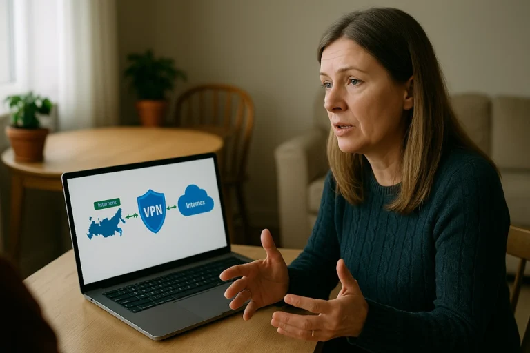 Kvinne ved kjøkkenbord forklarer hvordan VPN fungerer, med laptop som viser en illustrasjon av sikker tilkobling til Internett via VPN.