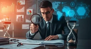 Illustrasjon av en analytiker som undersøker data med forstørrelsesglass, som symboliserer analyse av konkurransefortrinn i VRIO-modellen.