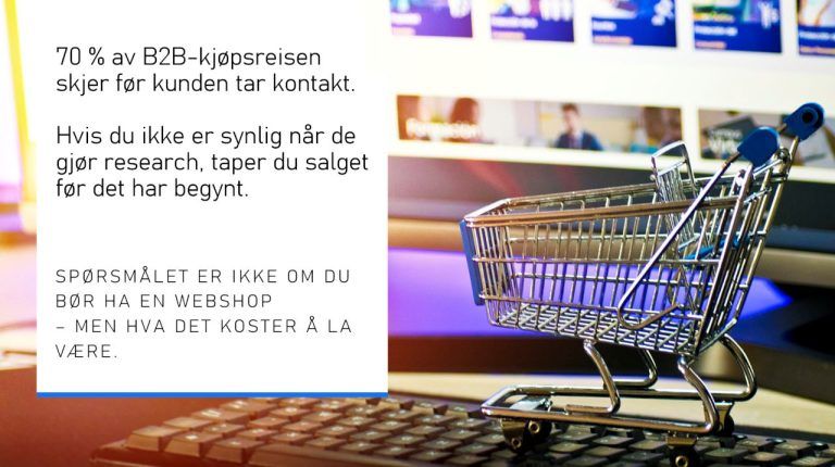 Et bilde av en liten handlevogn plassert oppå et tastatur, med en dataskjerm i bakgrunnen som viser en nettside. Til venstre er det en tekstboks med budskapet: "70 % av B2B-kjøpsreisen skjer før kunden tar kontakt. Hvis du ikke er synlig når de gjør research, taper du salget før det har begynt. Spørsmålet er ikke om du bør ha en webshop – men hva det koster å la være." Teksten understreker viktigheten av digital synlighet og en webshop i B2B-salg.