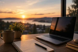 Arbeidsplass ved solnedgang med laptop, notatbok og kaffekopp, som symboliserer ro, refleksjon og avslutning på arbeidsdagen.