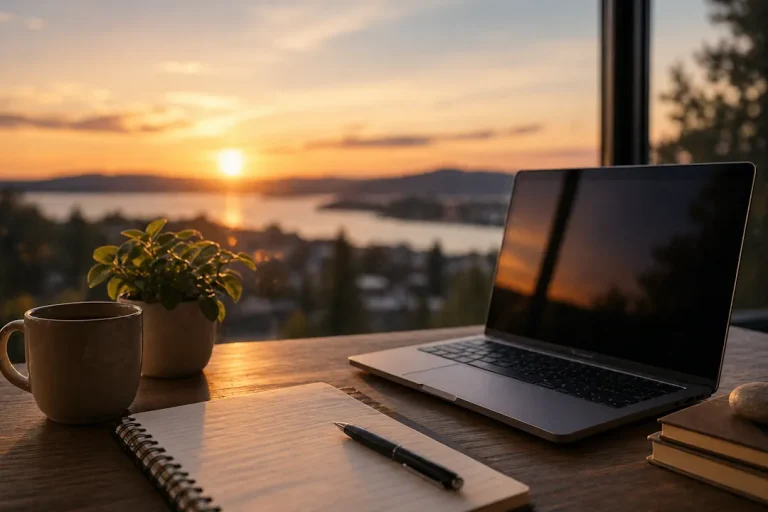 Arbeidsplass ved solnedgang med laptop, notatbok og kaffekopp, som symboliserer ro, refleksjon og avslutning på arbeidsdagen.