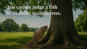 A fish standing at the base of a large tree in a sunny, green landscape, illustrating the quote 'You cannot judge a fish by its ability to climb trees.