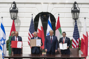 Abraham Accords Signing Ceremony. President Donald J. Trump, Minister of Foreign Affairs of Bahrain Dr. Abdullatif bin Rashid Al-Zayani, Israeli Prime Minister Benjamin Netanyahu and Minister of Foreign Affairs for the United Arab Emirates Abdullah bin Zayed Al Nahyan participate in the signing of the Abraham Accords Tuesday, Sept. 15, 2020, on the South Lawn of the White House.