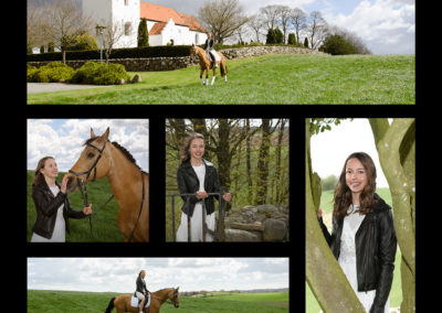 Konfirmationsbilleder i collage. Motiverne er brunhåret pige med hest i naturen