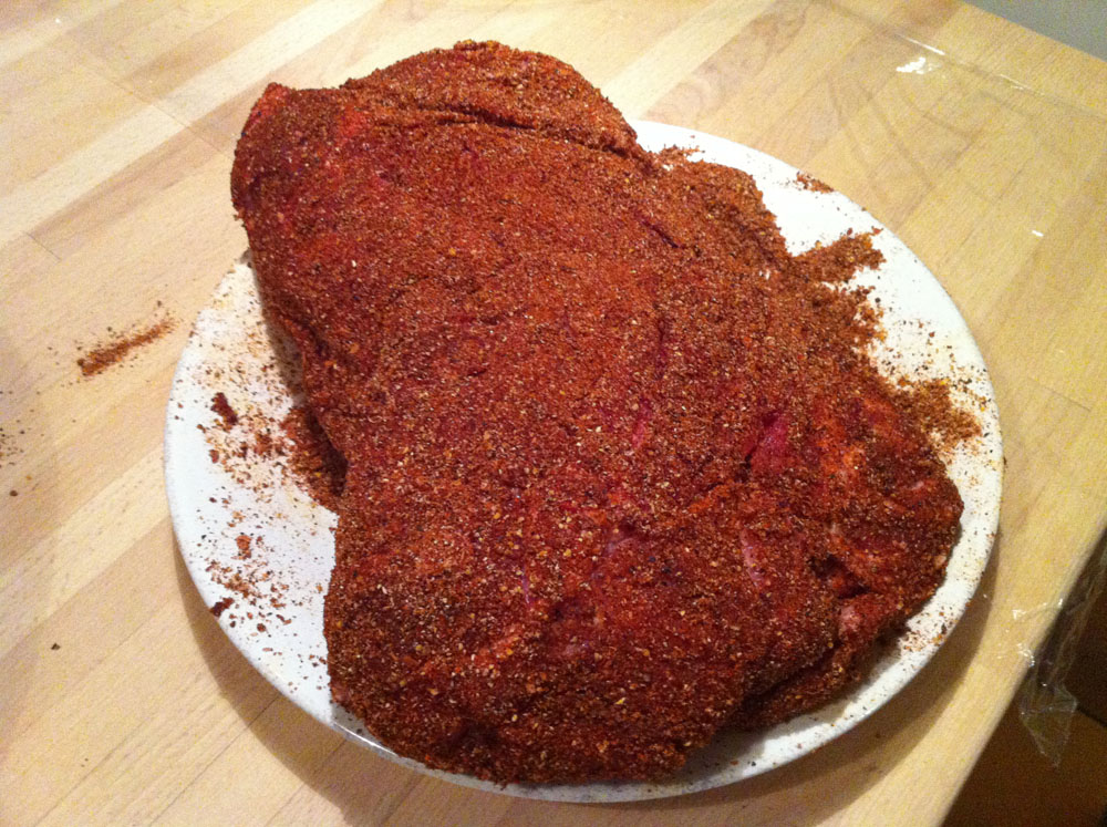 Pulled pork - rub er påført