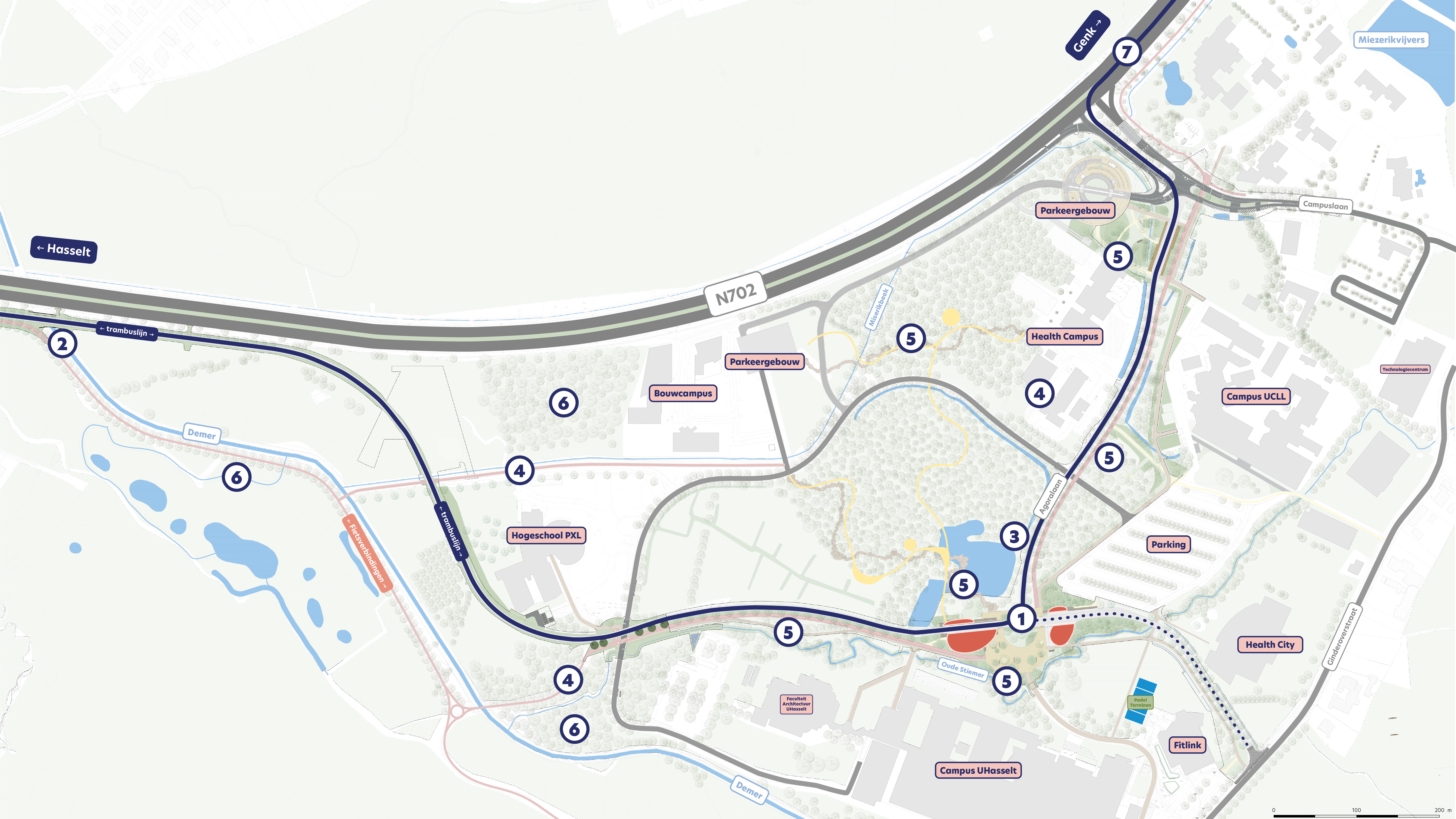 toekomstkaart voor de campus diepenbeek in het jaar 2026, na de werken voor de trambus