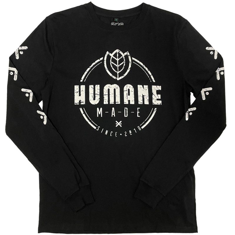 front printed of distressed logo for vegan clothing brand humane made