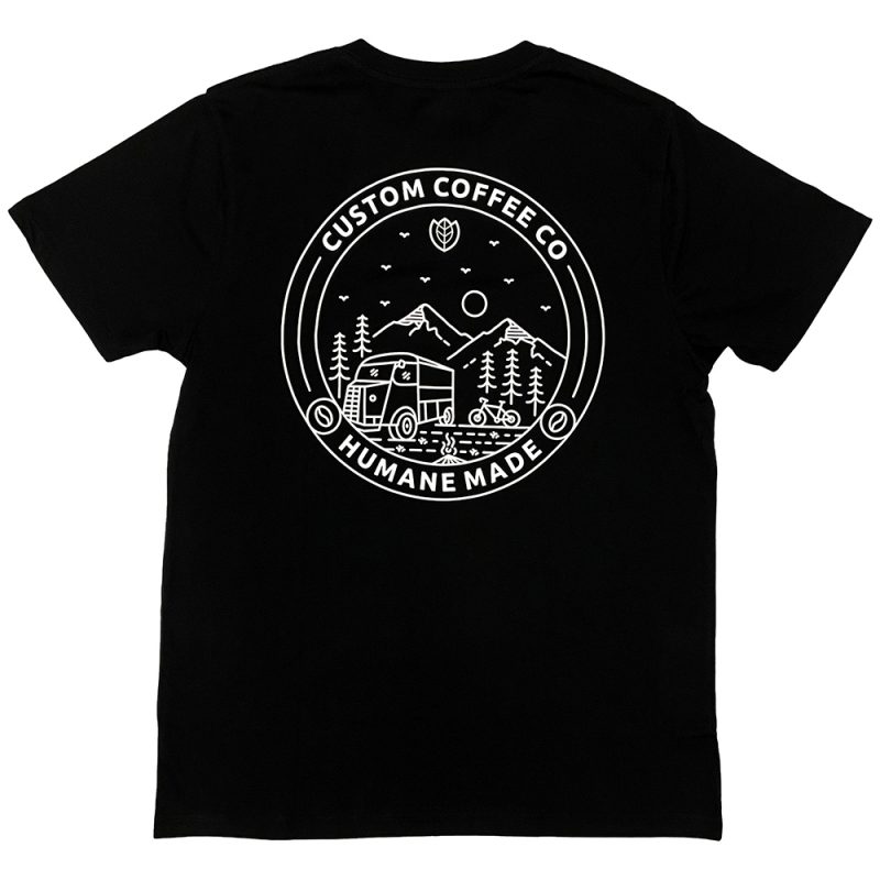 back print of vegan brand humane made custom coffee co collaboration t-shirt