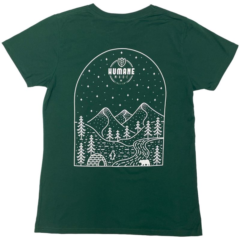 back print of ladies winter wonderland t-shirt for vegan clothing brand humane made