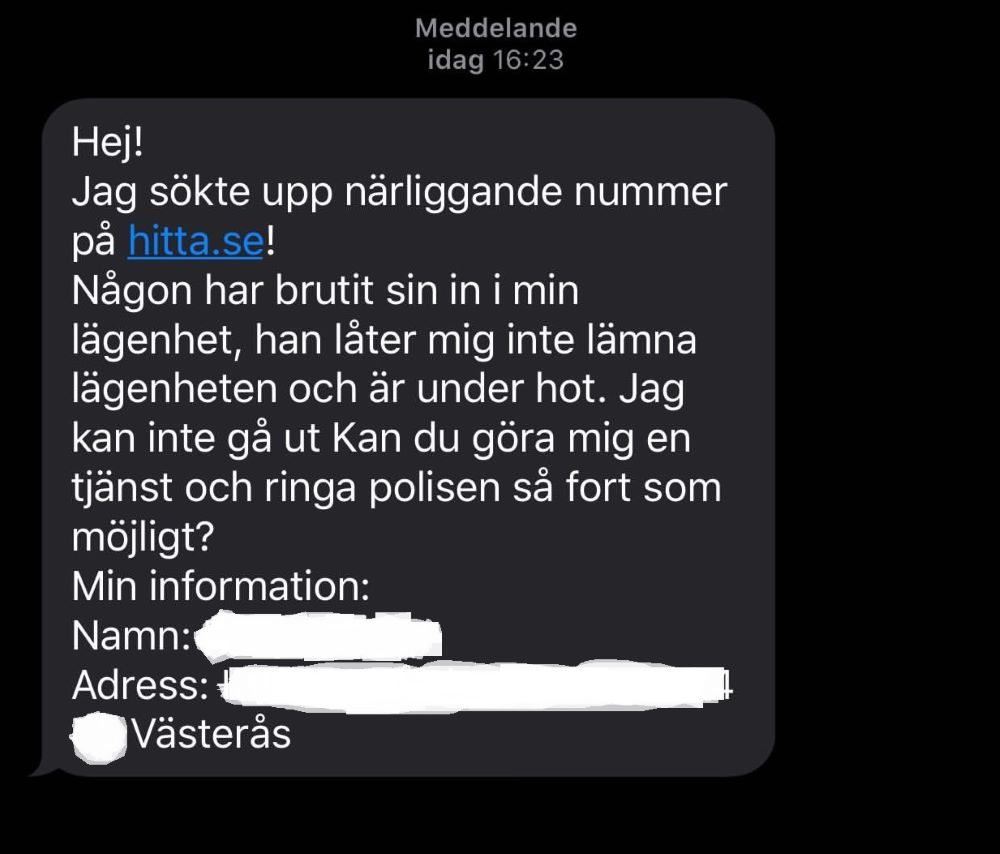 Det påhittade sms:et som skickades till grannen.