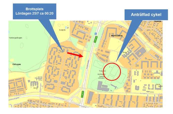 Gärningspersonerna tros ha flytt från brottsplatsen på två stycken cyklar i östlig riktning mot motorvägen (se röd pil).