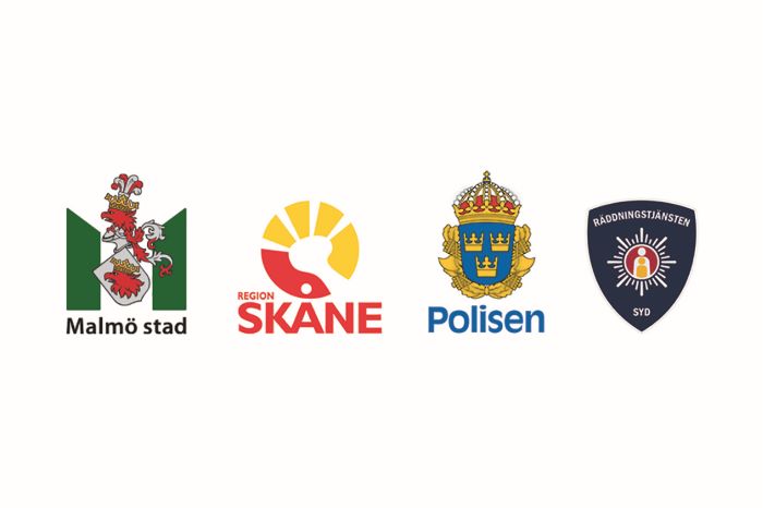 Loggor för Malmö stad, Region Skåne, Polisen och Räddningstjänsten Syd.