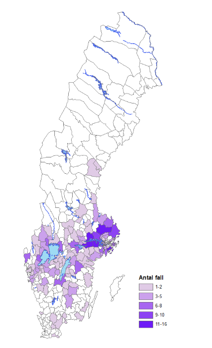 Karta över Sverige som visar hur många fall av TBE som landets kommuner rapporterat under 2022.