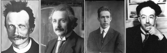 Max Planck, Albert Einstein, Niels Bohr and Louis de Broglie.