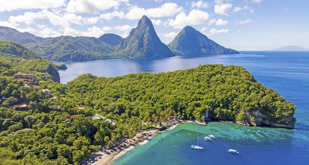 Aerial view of Anse Castanet, the ideal base to go birdwatching in St Lucia.