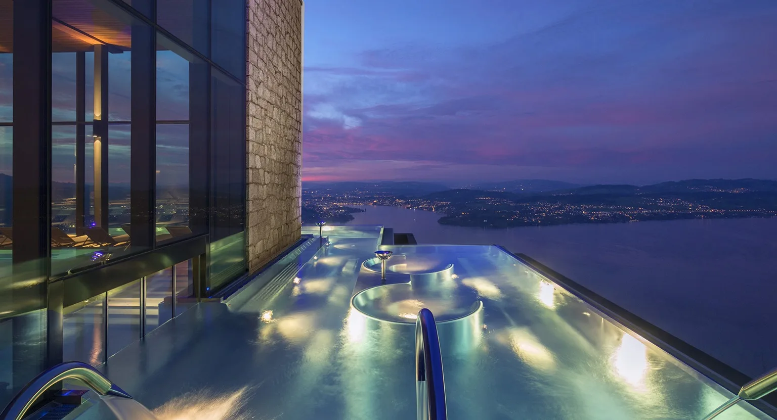 Infinity Edge outdoor pool at the Alpine Spa at Bürgenstock Resort, Lake Lucerne