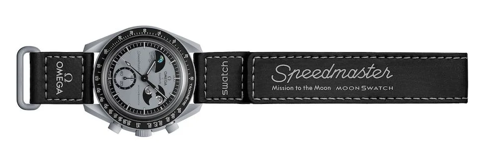 Swatch x Omega MoonSwatch Mission to Earthphase on its Velcro strap.