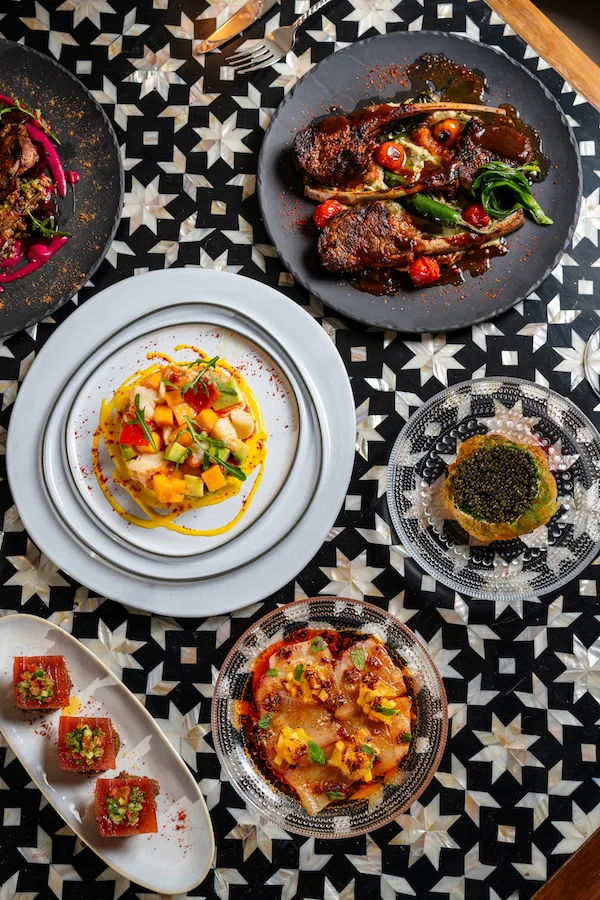 Array of dishes at Taleed by Michael Mina - Bab Samhan hotel Diriyah.