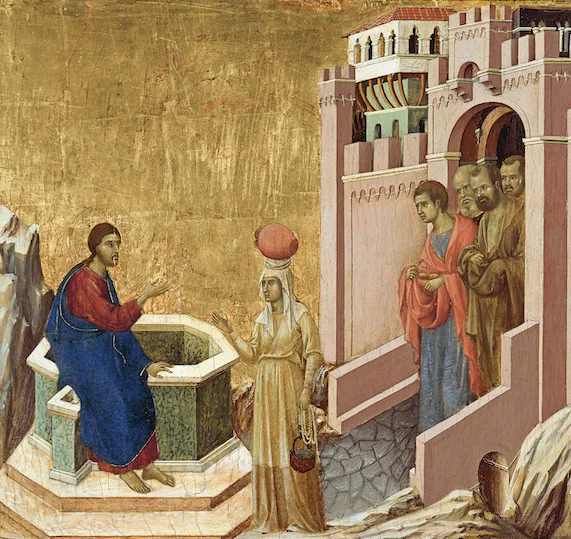 Duccio di Buoninsegna, Maestà – Panels, 1308-11. Left: Christ and the Woman of Samaria