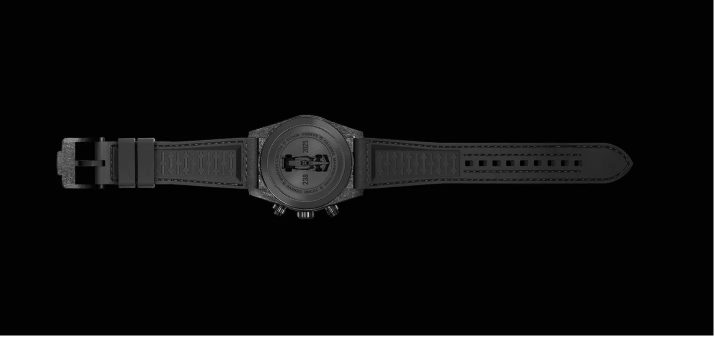 Case back of the Tudor Black Bay Chrono “Carbon 25” in titanium with a black PVD coating featuring the silhouette of the Racing Bulls F1 car.