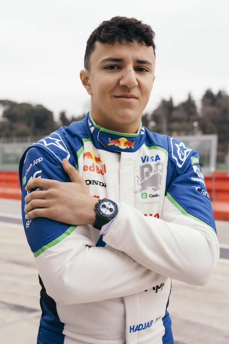Racing Bulls driver Isack Hadjar wearing the new Tudor Black Bay Chrono “Carbon 25”