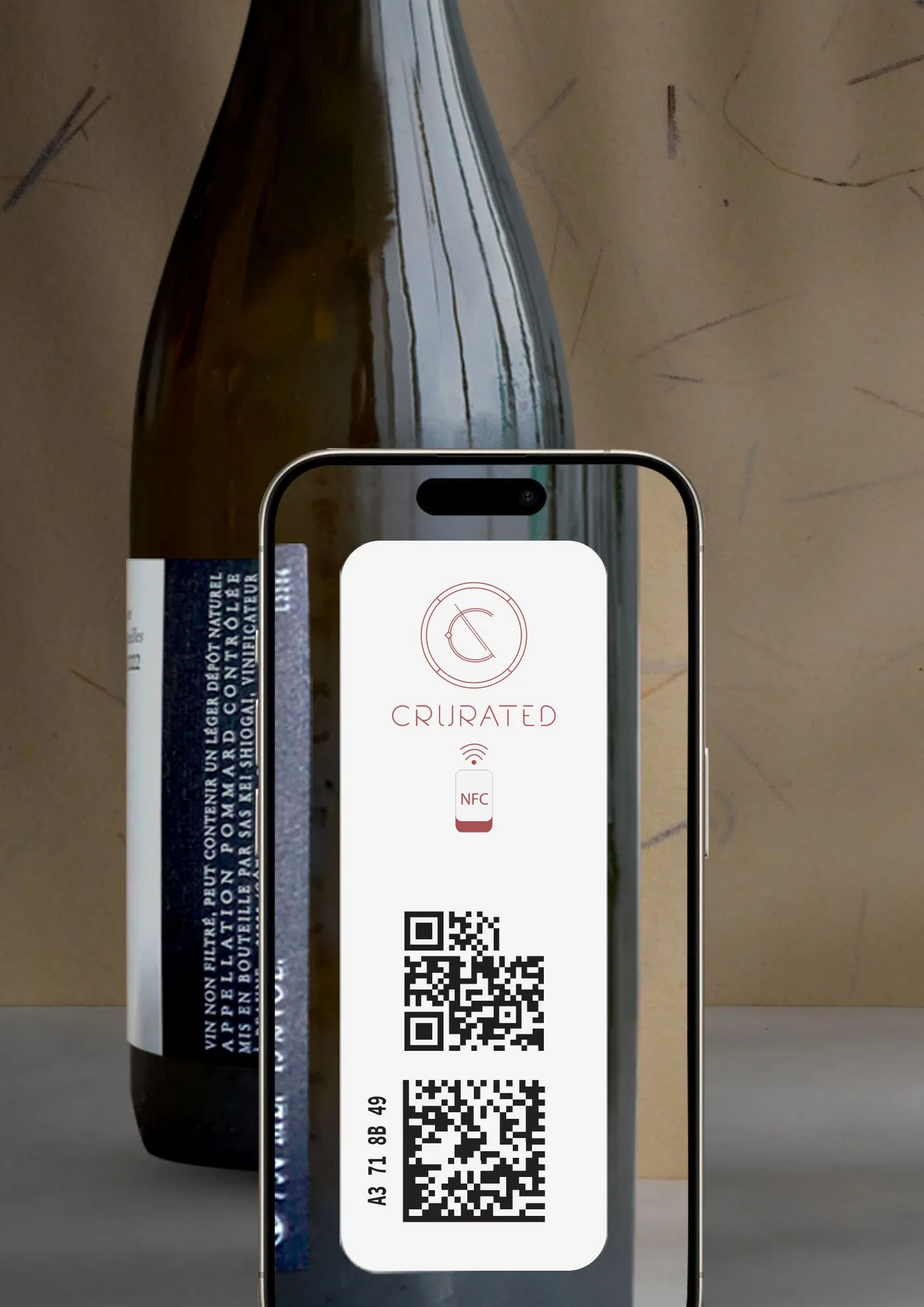 Crurated bottle with QR code showing on mobile.