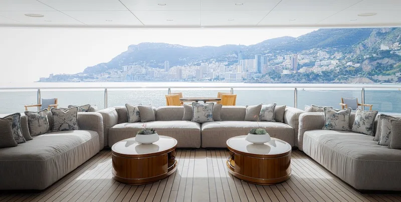impressive entertainment area on the bridge deck of the Energy superyacht by Amels.