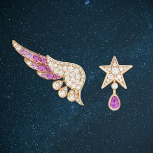Pretty Wings asymmetric earrings in pink gold, with diamonds and pink sapphires.