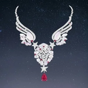 Follow Your Heart necklace in platinum, set with diamonds, red spinels, rubies and moon stones.