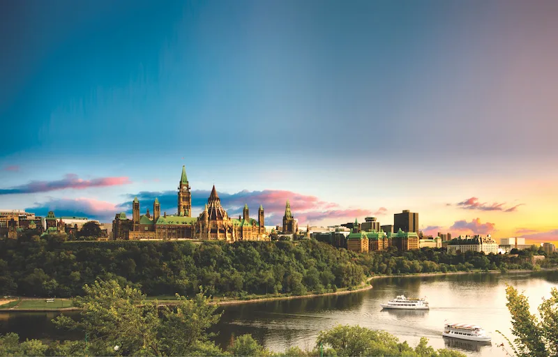 View of Parliament Hill from the Ottawa river.