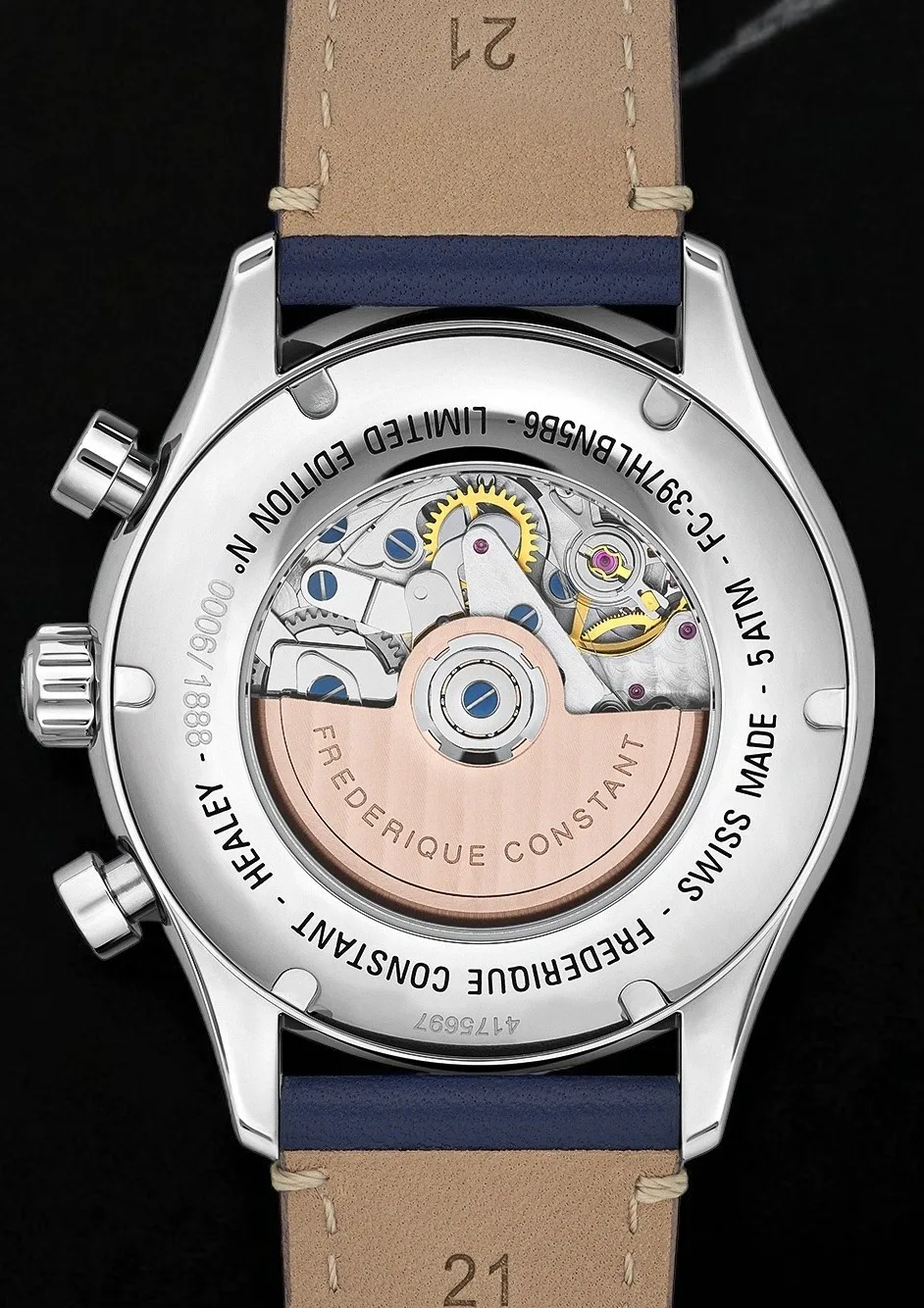 Caseback of the new Frederique Constant Classics Vintage Rally Healey 42mm chronograph.