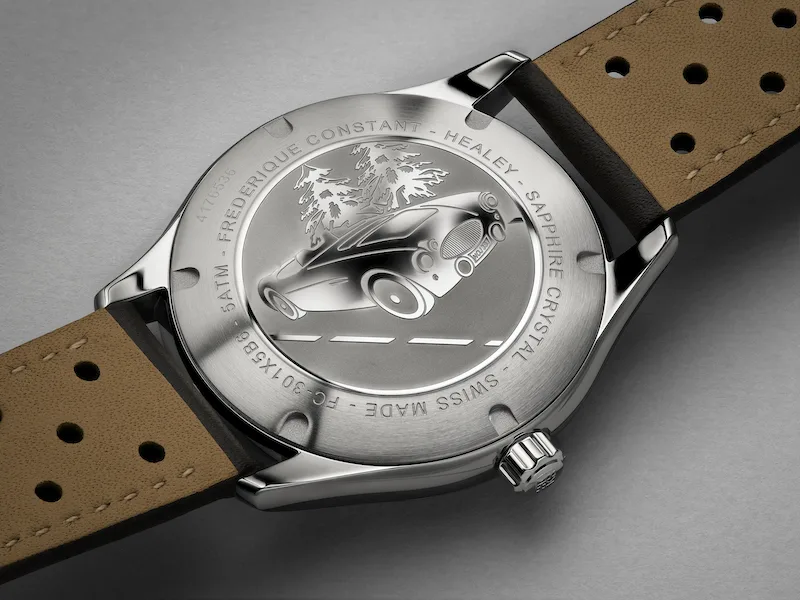 Caseback of the new Frederique Constant 2025 Classics Vintage Rally Healey 36mm date watch.