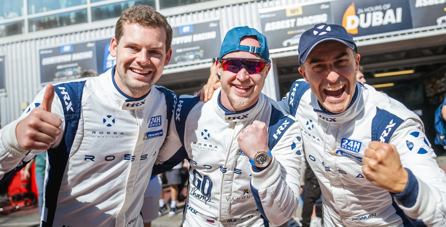 Vanguart’s first sponsored race team, Rossa Cars. Left to right, drivers Harrison Newey, Nikita Mazepin and Roman Rusinov at the Dubai 24 Hours.