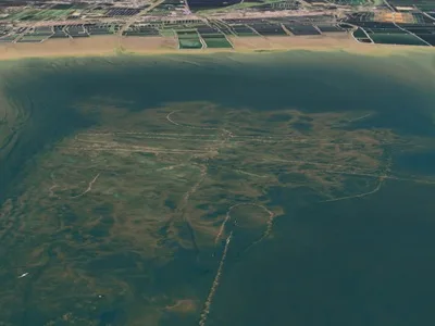 An aerial view of the impacts of bottom trawling on the ocean floor, China.