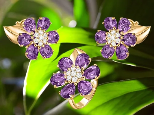 Van Cleef & Arpels Fleurs d'Hawaï earrings and ring with amethysts, set in rose gold.