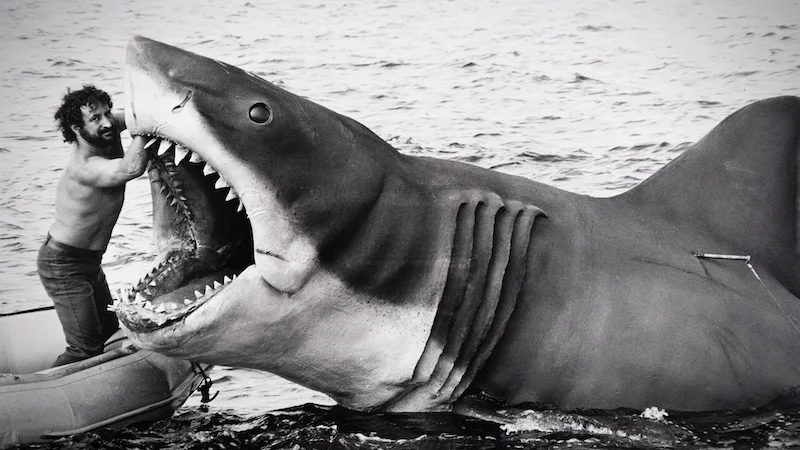 Still from the filming of JAWS, 1975.