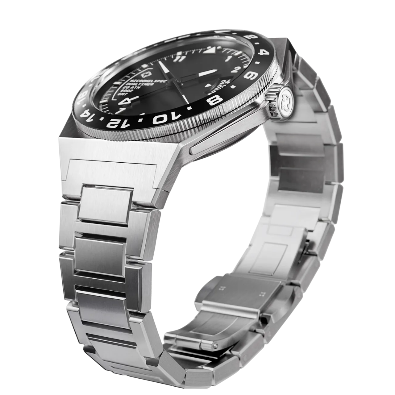 Micromilspec Dualtimer with stainless steel bracelet.