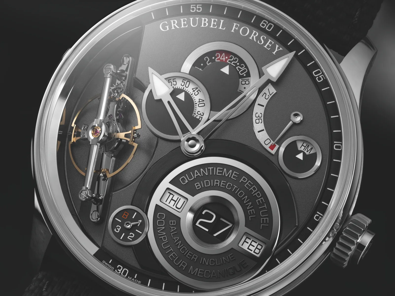 The dial side of the Greubel Forsey Quantième Perpétuel Balancier.